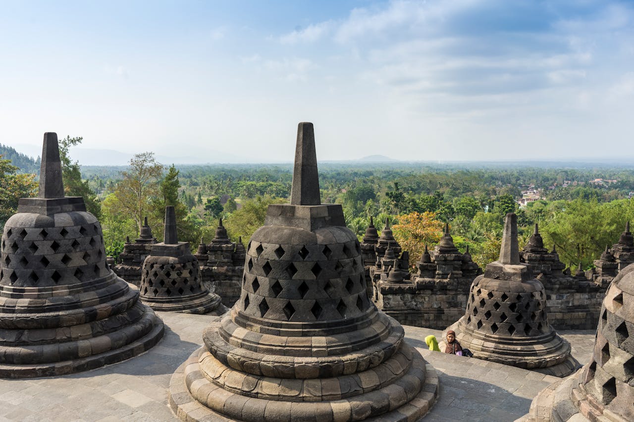 A stunning view of Borobudur Temple's iconic stupas surrounded by lush greenery in Indonesia.