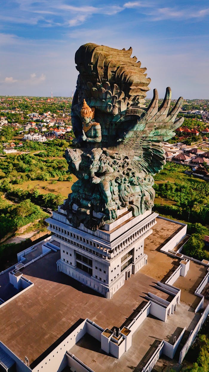 Stunning aerial shot of the Garuda Wisnu Kencana statue in Bali, showcasing intricate details and scenic backdrop.